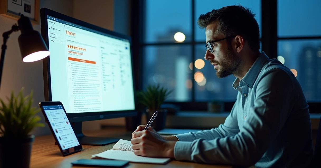 Gestor de PME preocupado analisando avaliacao negativa em tela de computador 