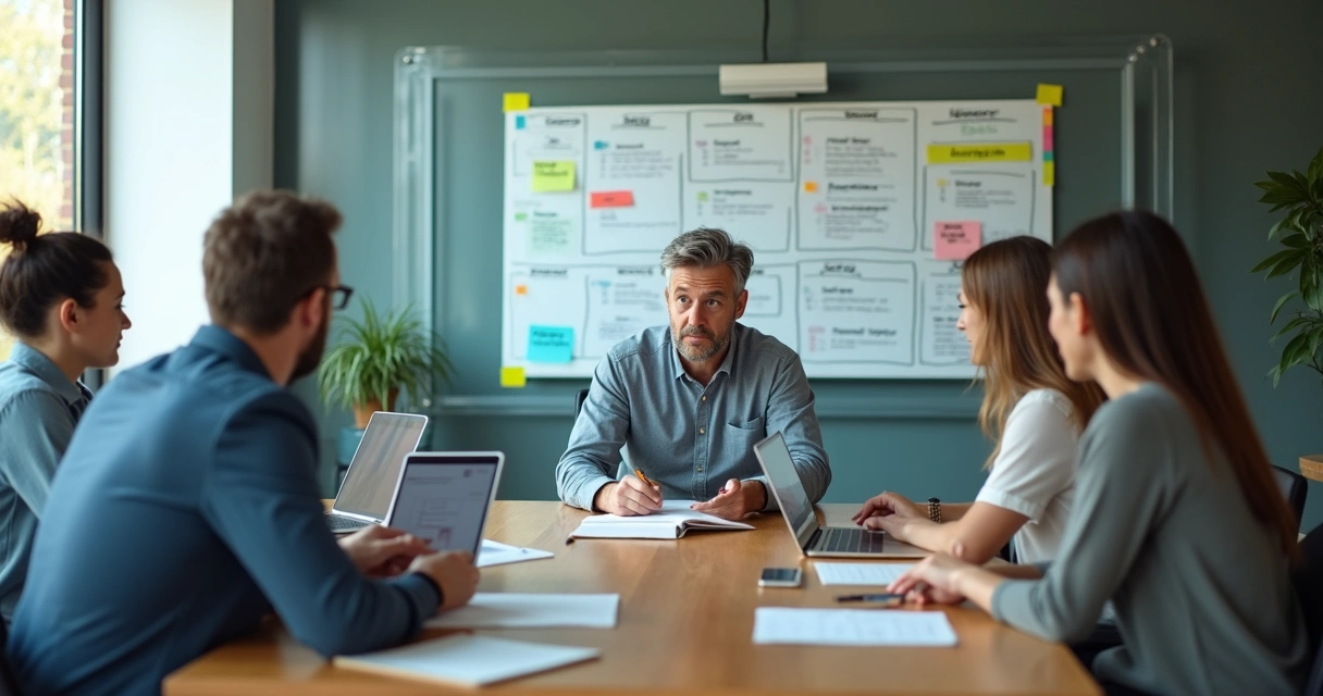 Dono de pequena empresa em reunião delegando tarefas para a equipe 