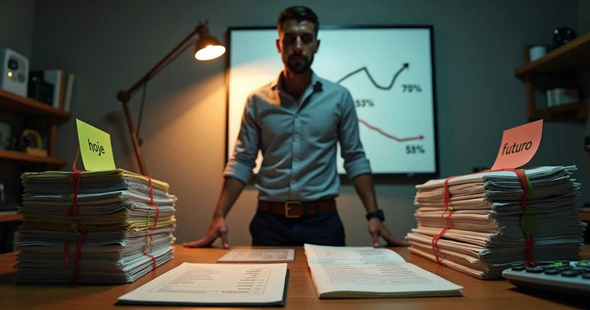 Dono de pequena empresa escolhe entre duas pilhas de contratos representando risco e alívio de caixa 