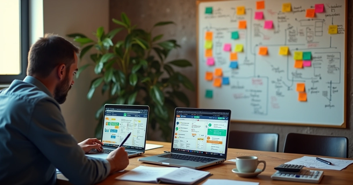 Dono de PME comparando opções de ERP em quadro cheio de anotações 