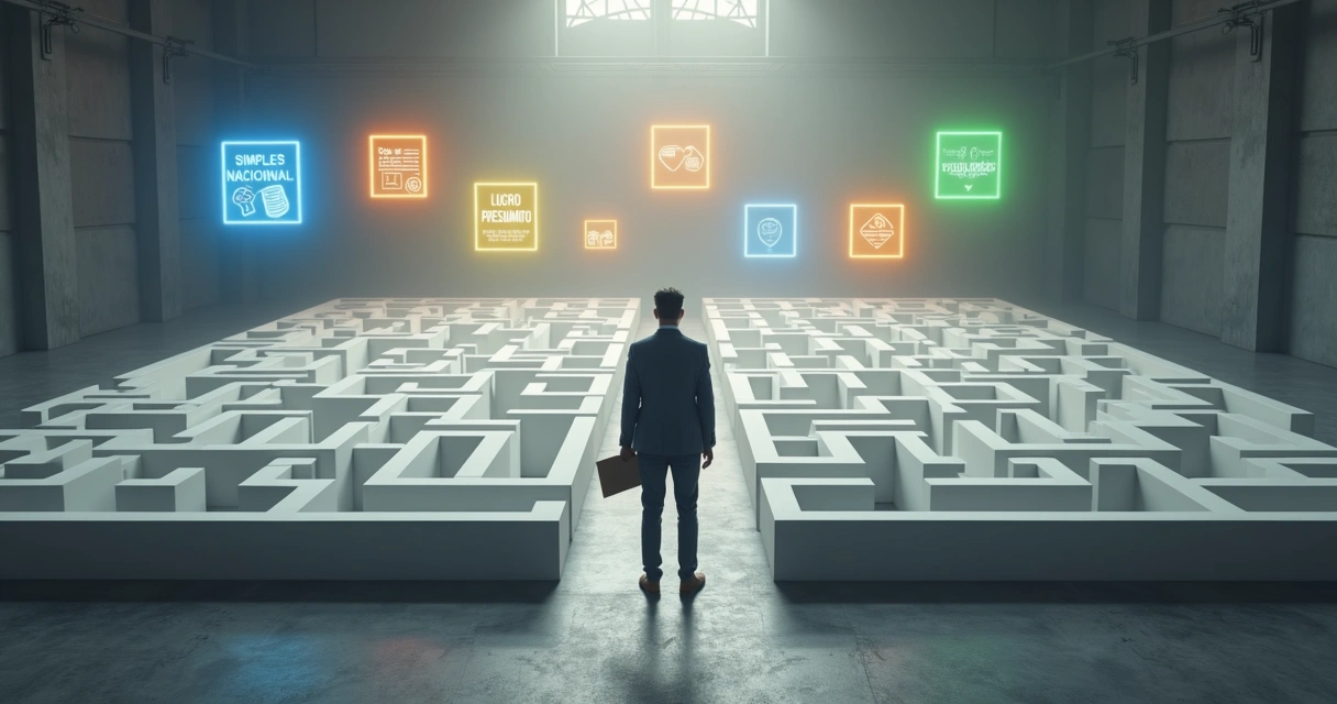 Dono de PME diante de um labirinto com símbolos de impostos 