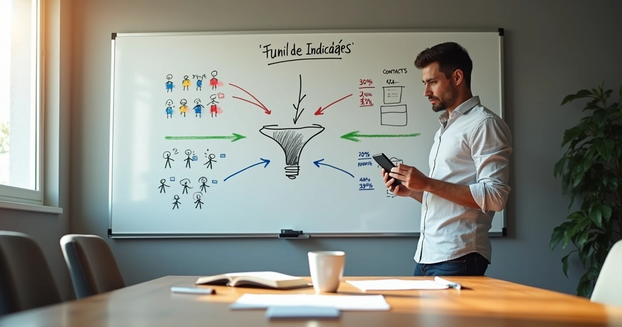 Dono de PME desenhando funil de indicações em quadro branco com setas e contatos 