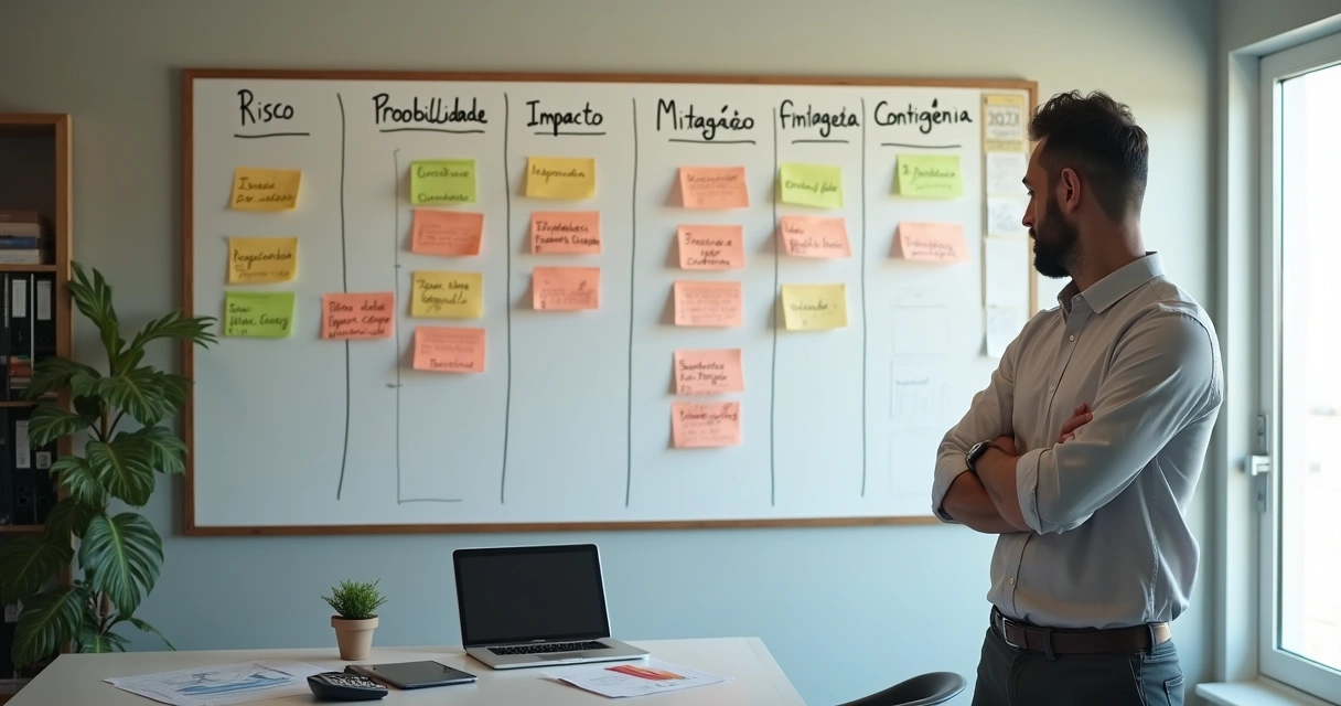 Gestor de pequena empresa avaliando mapa visual de riscos em parede de escritório 