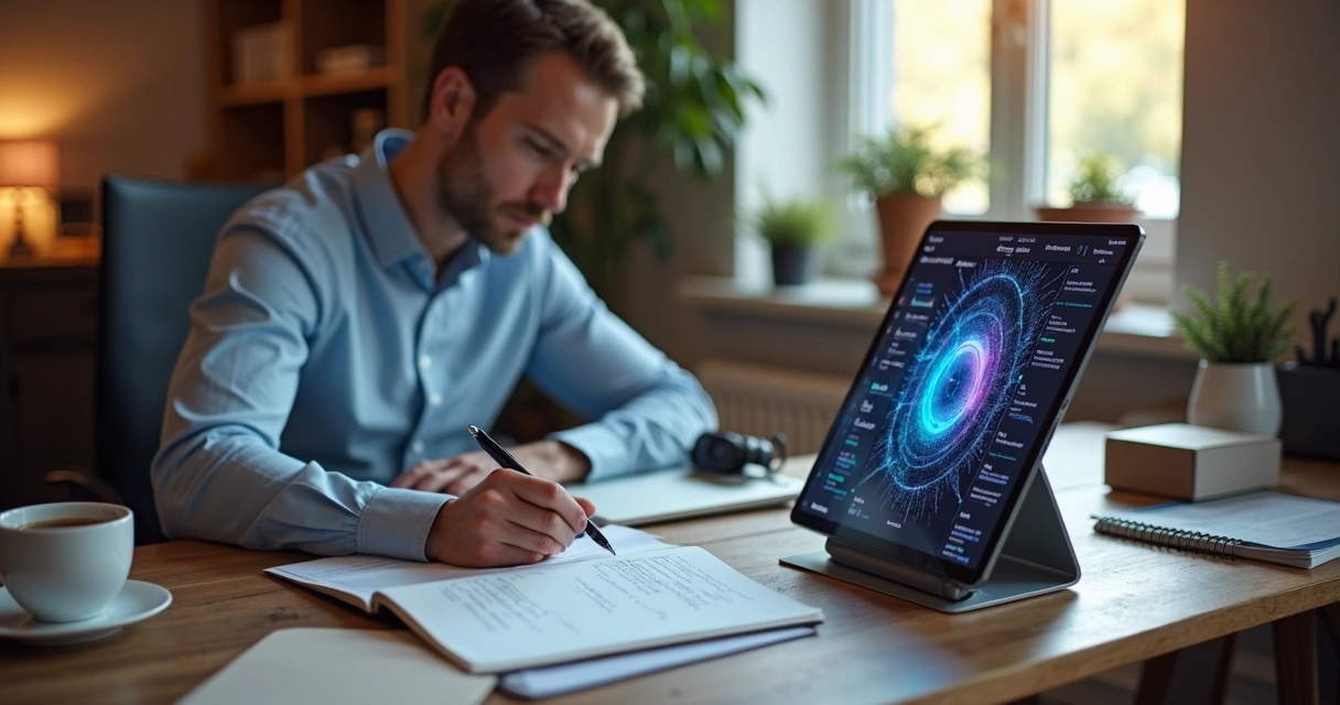 Dono de PME usando notebook com painel de redes sociais e interface de IA ao lado 