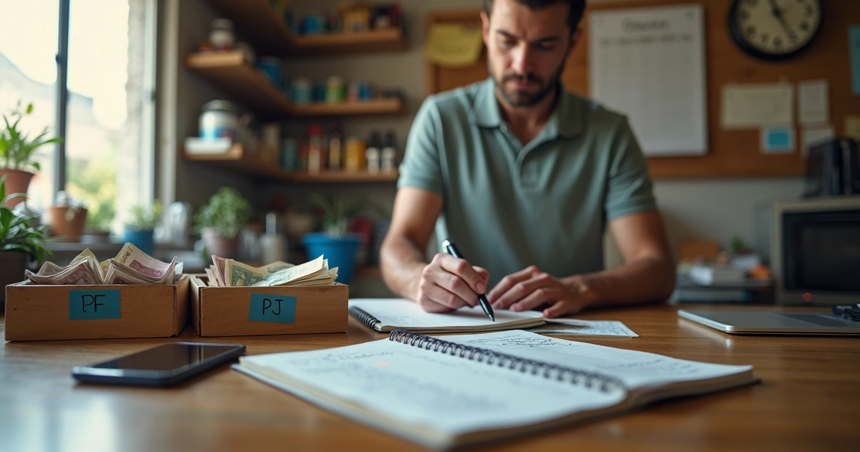 Dono de pequena empresa no balcão separando dinheiro vivo e contas em ambiente simples 