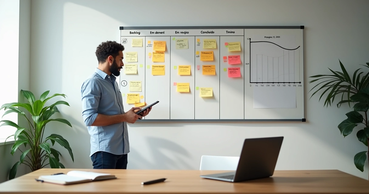 Dono de PME organizando projeto em quadro kanban com prazos destacados 