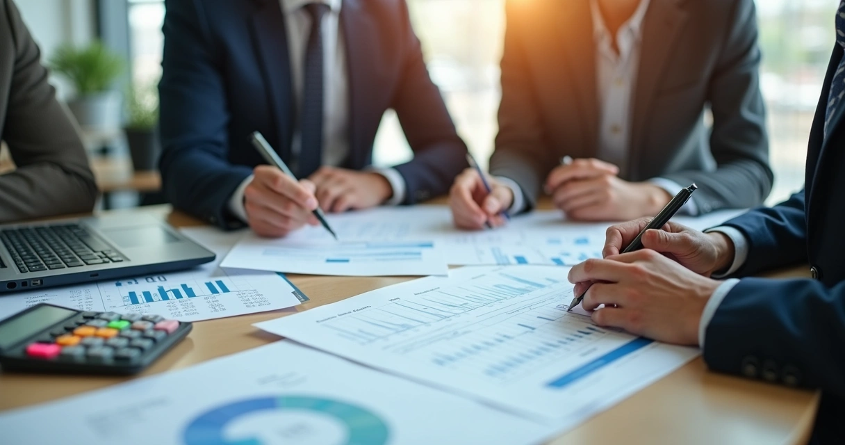 Dono de PME analisando plano financeiro com equipe 