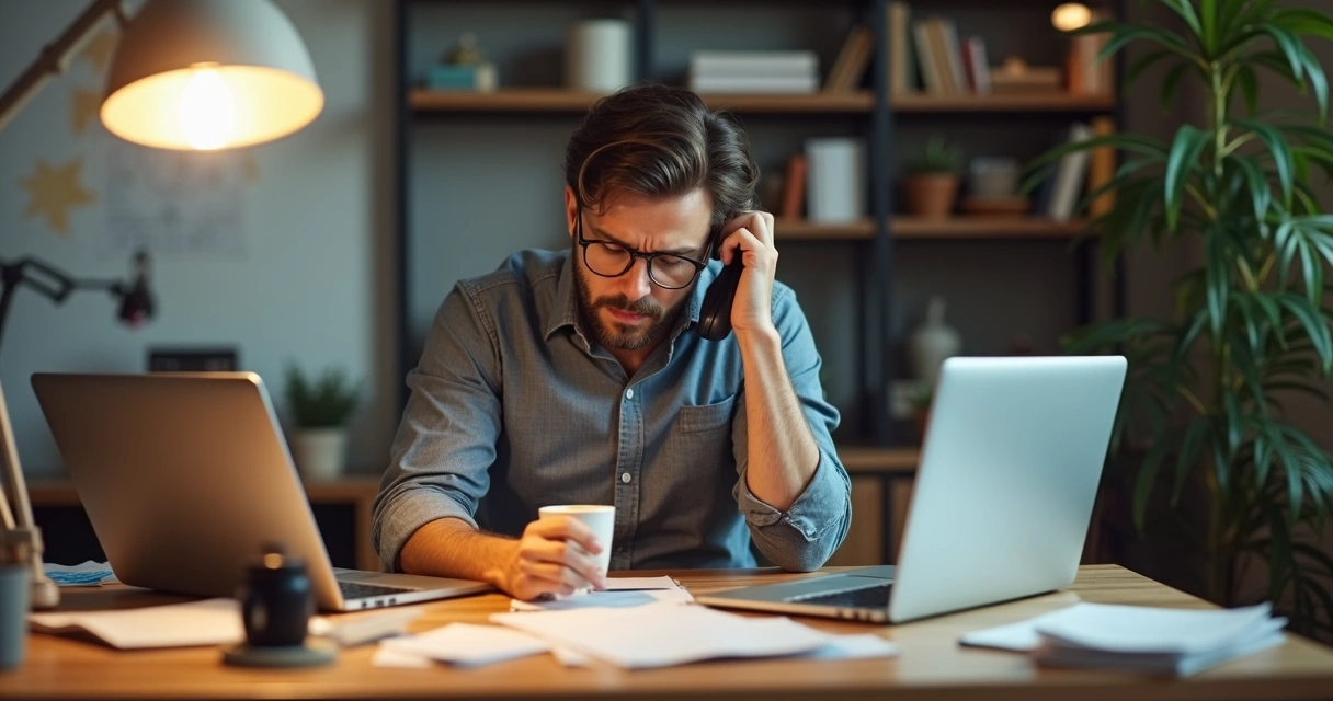 Empreendedor cansado cercado por computadores, papéis e telefone 