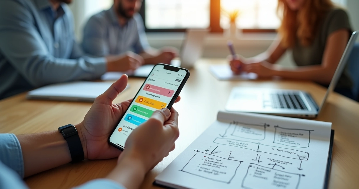 Dono de pequena empresa revisa funil de vendas em CRM aberto no smartphone em mesa de reuniao 