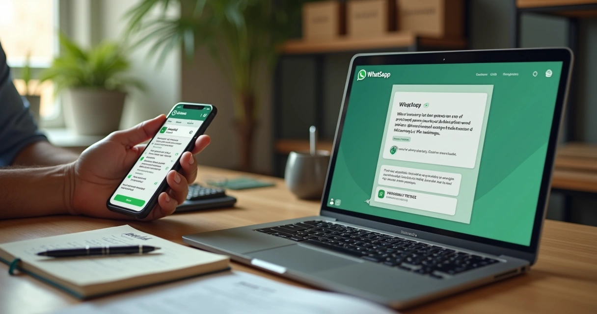 Empresário usando WhatsApp no celular com comprovante de venda aberto no notebook 