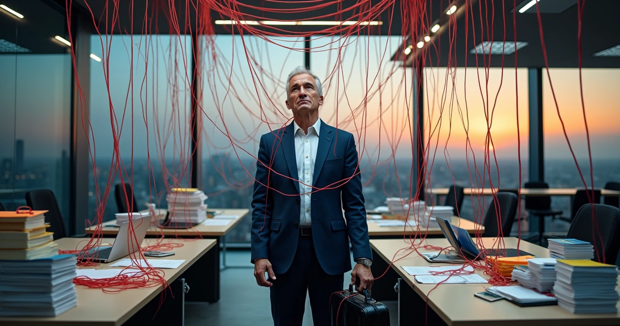 Empresário em terno preso a fios em formato de labirinto dentro de escritório 