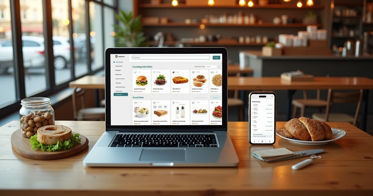 Dono de restaurante criando catálogo online no notebook com produtos em destaque 