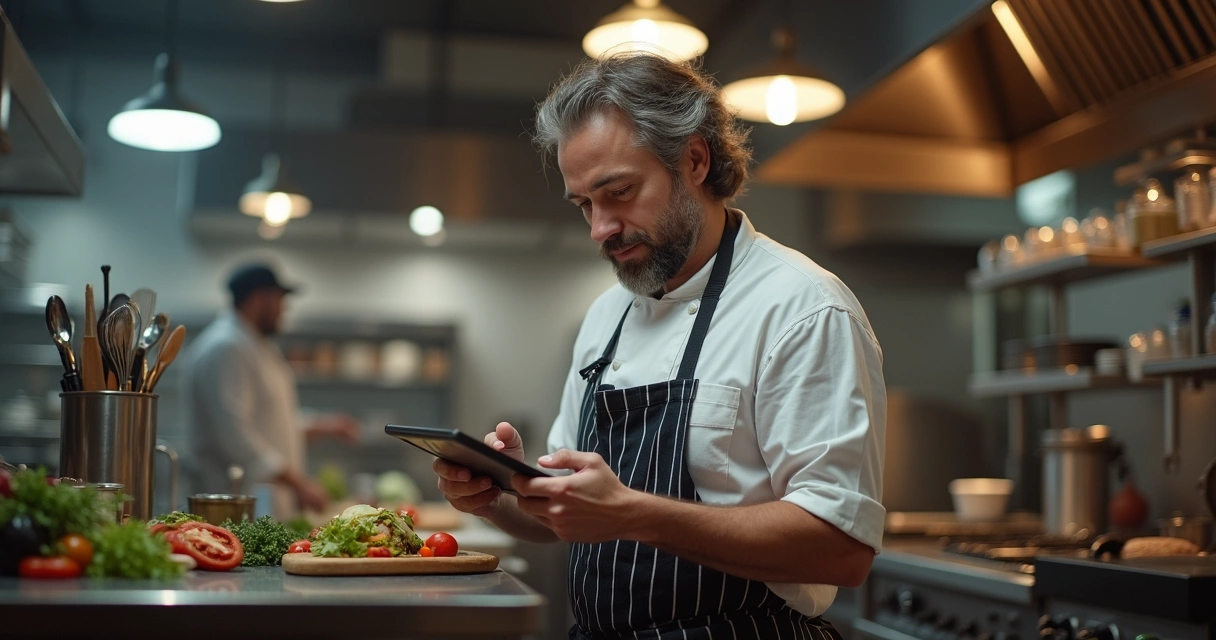 Proprietário alterando cardápio digital em tablet na cozinha 