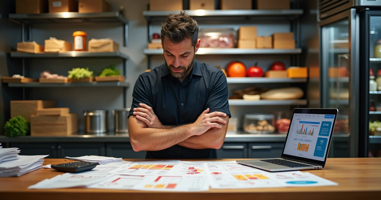 Dono de restaurante olhando preocupado para relatórios financeiros e estoque na cozinha 