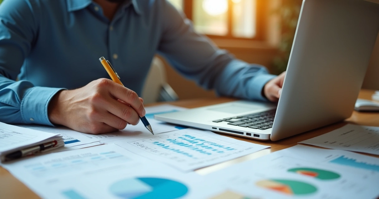 Empresário brasileiro conferindo projeção financeira em planilha 