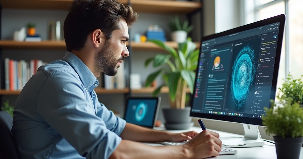 Empresário revisando post criado por IA no computador, com notas manuais 