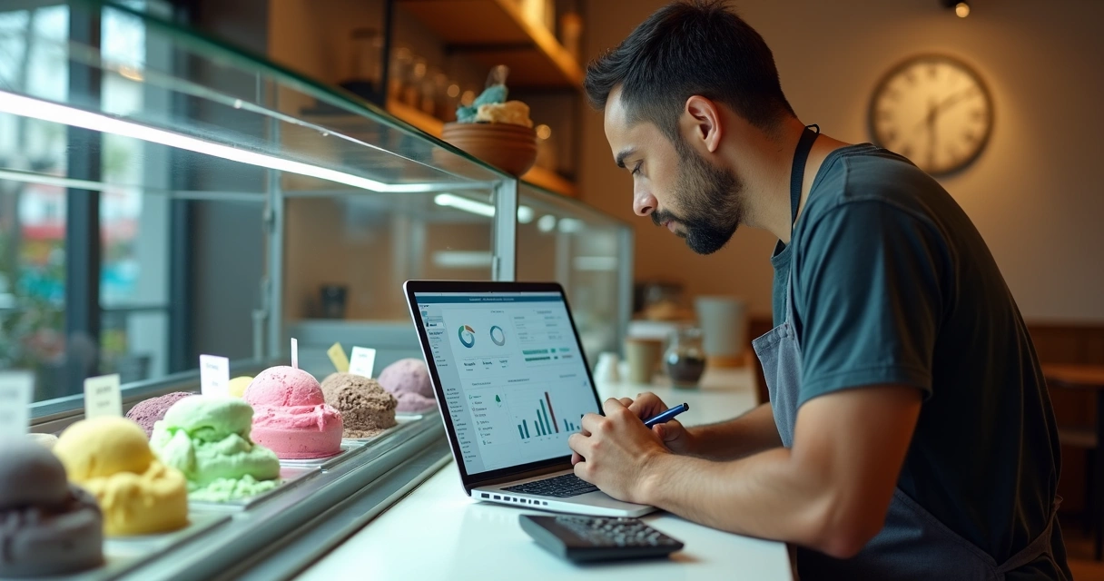 Dono de sorveteria analisando gráficos de vendas no balcão com vitrine de gelato 