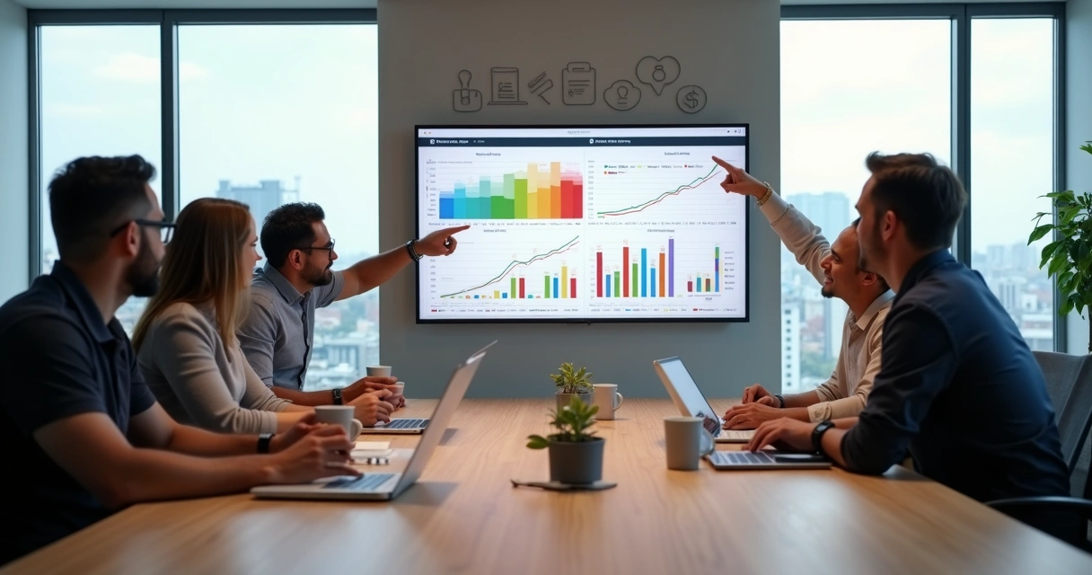 Donos de agência digital em reunião analisando funil de captação de clientes em tela grande 