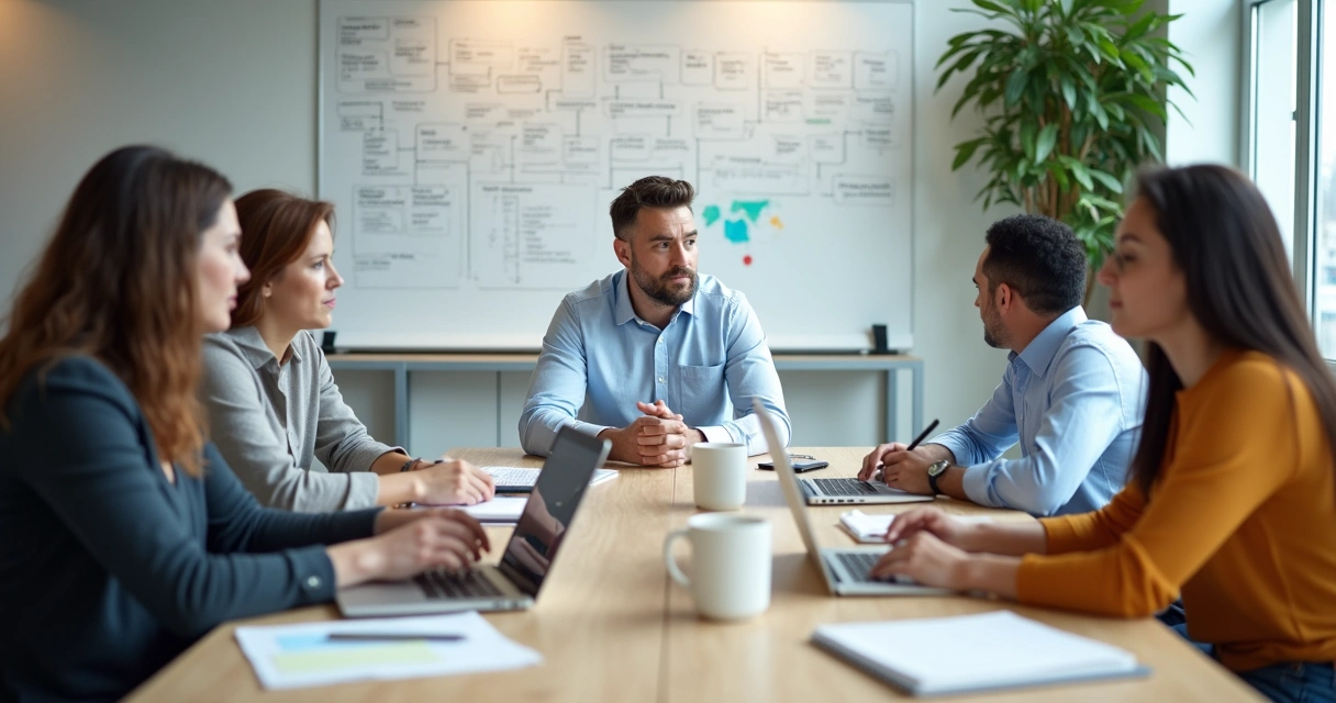 Reunião de dono de agência digital com equipe alinhada em torno de processos