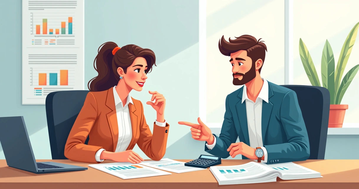 Donos de pequena empresa avaliando juntos planilhas e calculadora sobre uma mesa