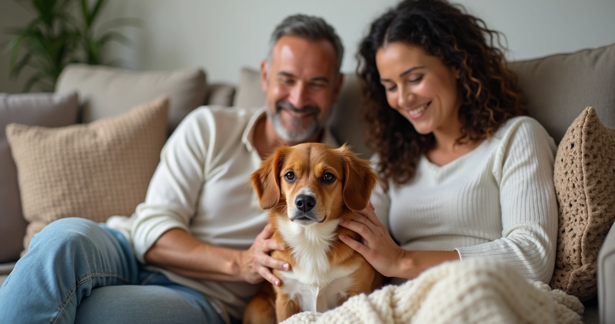 Casal sorridente fazendo carinho em cachorro calmo sentado no sofá