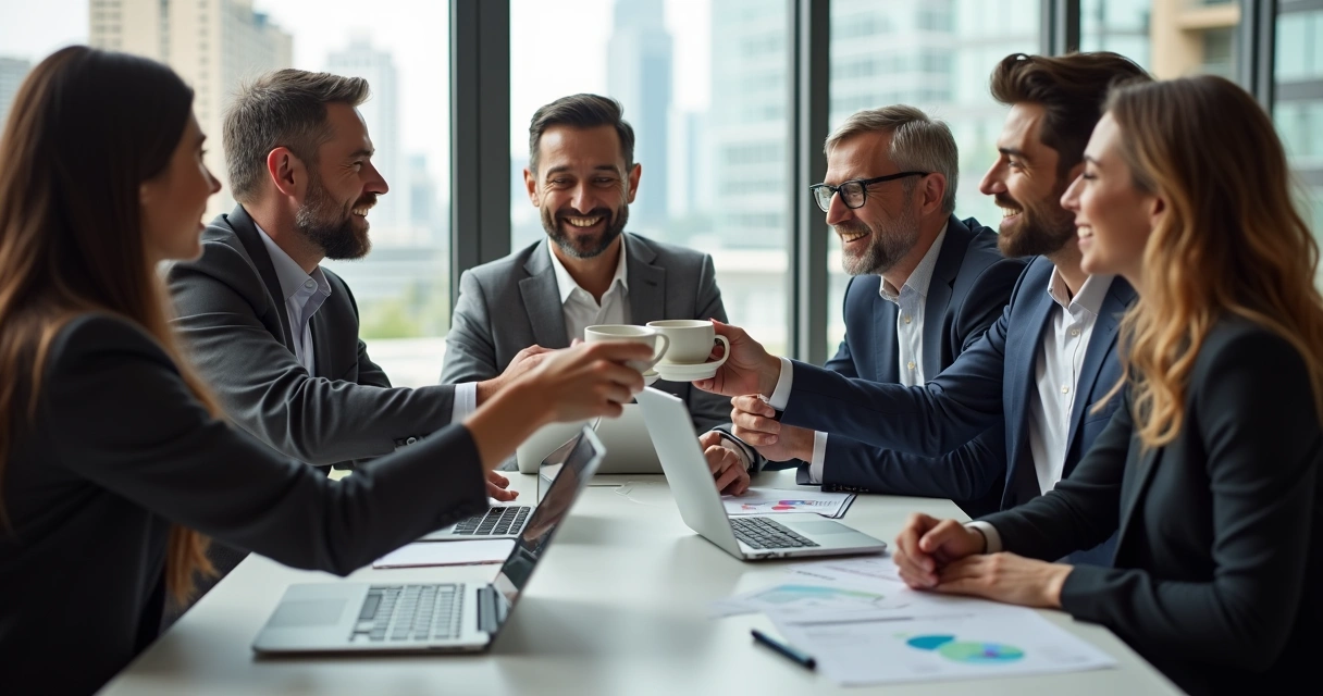 LLC nos EUA: Como Abrir, Vantagens e Erros a Evitar 4 Grupo de empreendedores comemorando resultados na empresa LLC