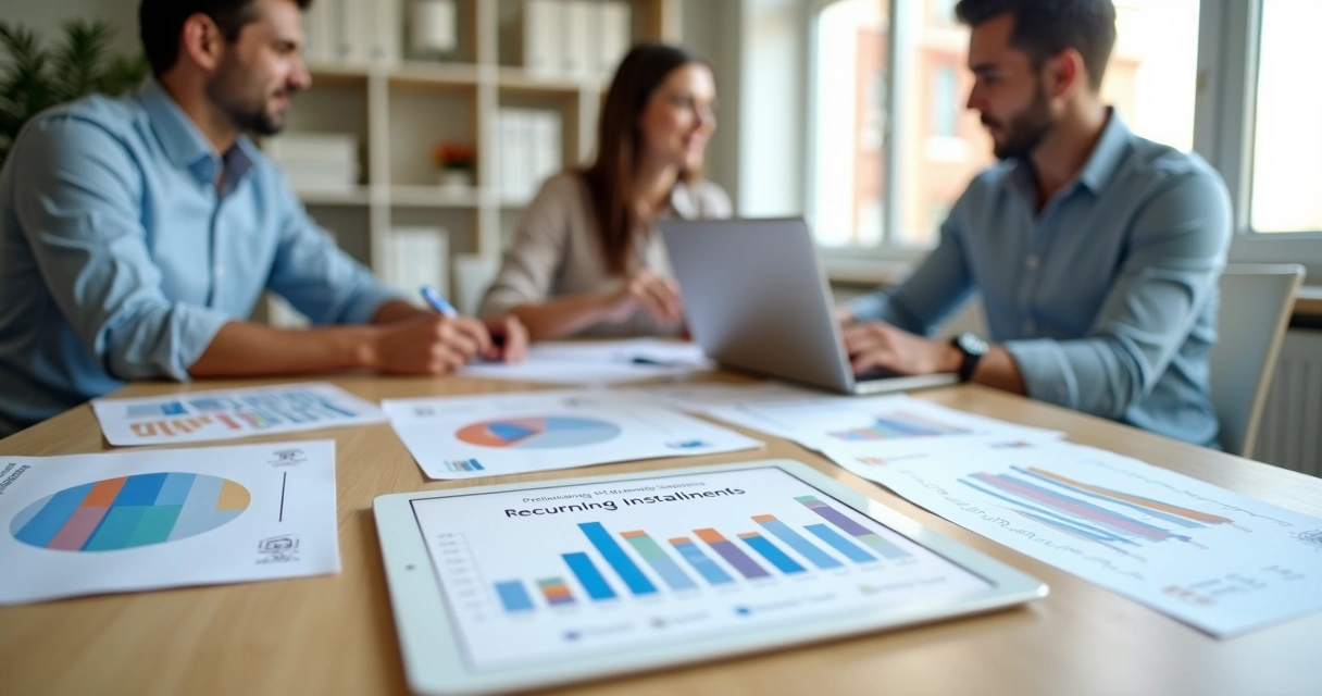 Pequenos empresários analisam planejamento de parcelas recorrentes em mesa de reunião 