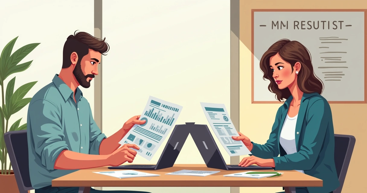 Duas pessoas olhando relatório de vendas em uma mesa
