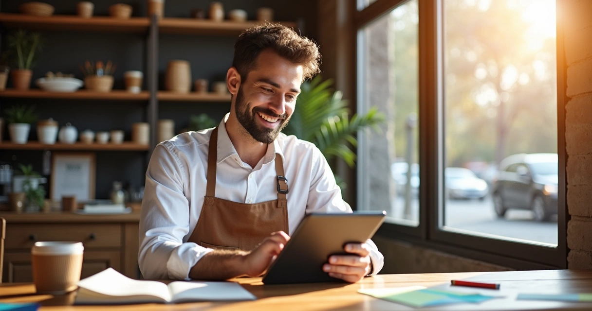 Dono de pequena empresa usando tablet para planejar programa de recompensas 