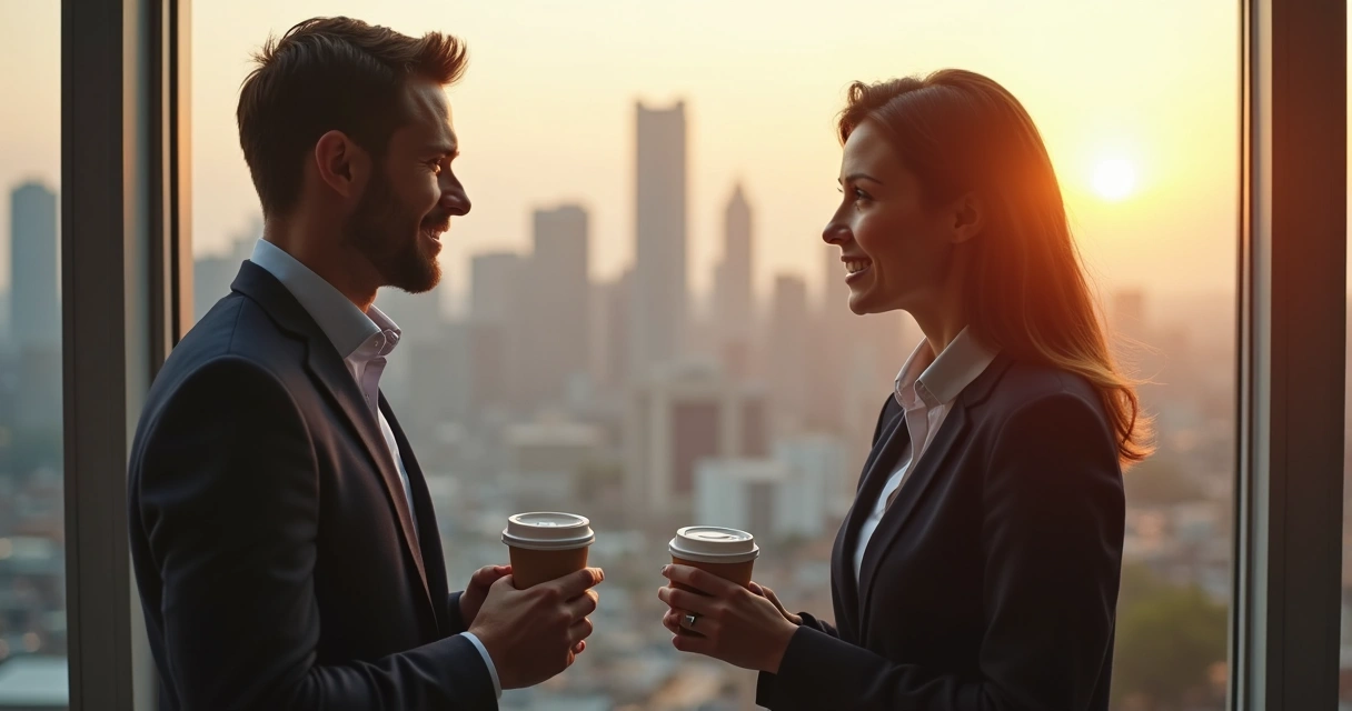 Dois empresários conversando em varanda, com café, cenário de cidade ao fundo 