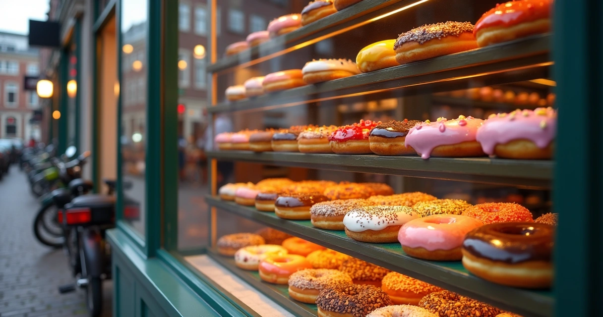 Vitrine de loja com donuts Krispy Kreme coloridos 