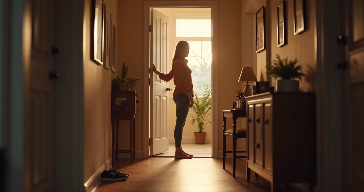 Person pausing at a doorway for a calming breath