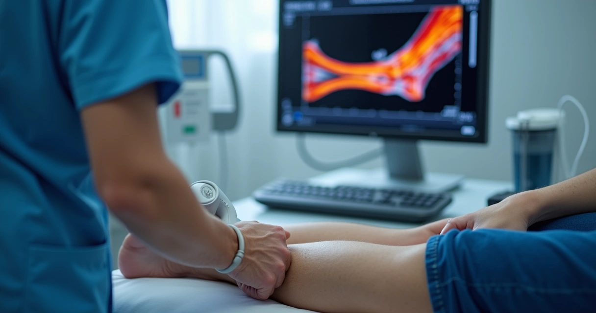 Ultrassom Doppler vascular com imagem colorida mostrando fluxo sanguíneo nas veias da perna 