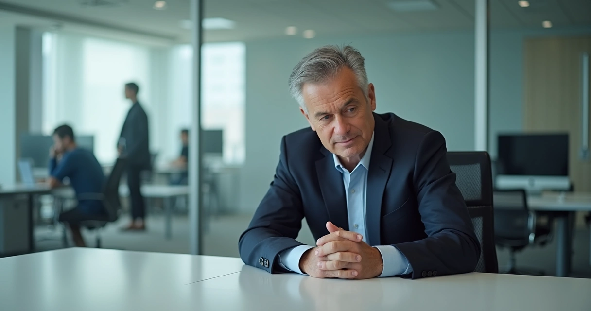 Executivo sentado sozinho em uma sala de reuniões moderna, olhando para baixo, símbolo de sentimento de abandono 