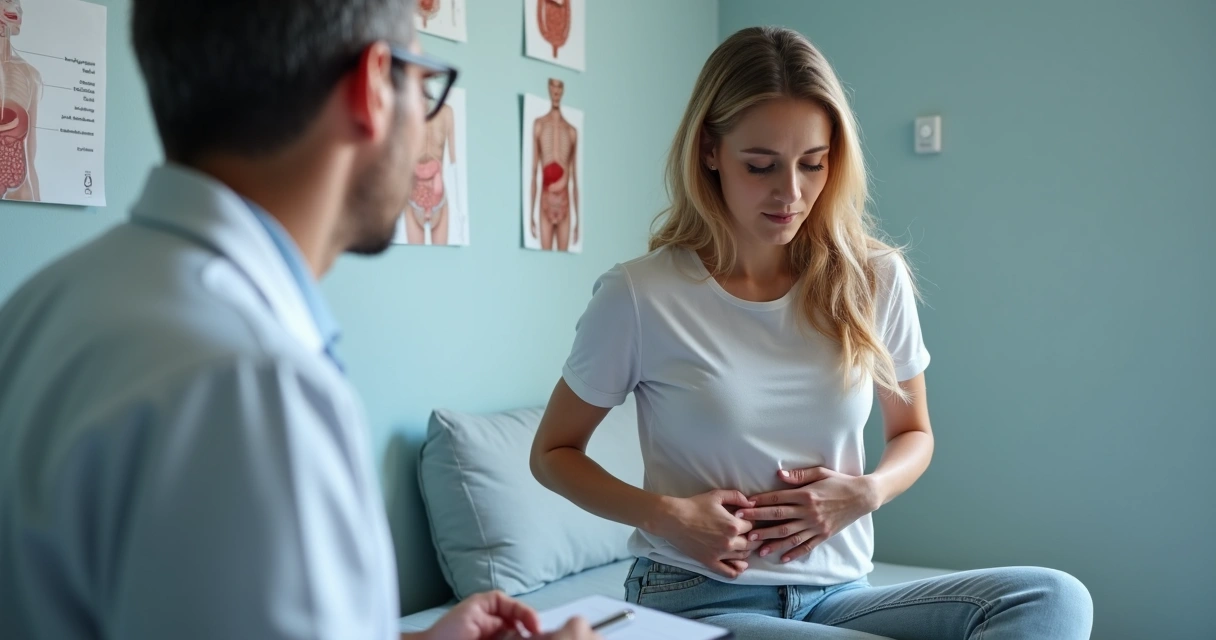 Paciente demonstrando dor abdominal ao lado de médico 
