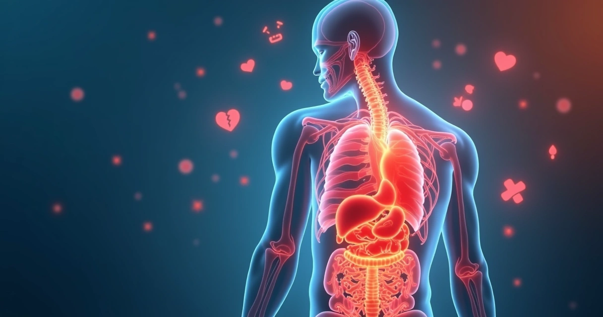 Ilustração de corpo humano com áreas de dor emocional marcadas