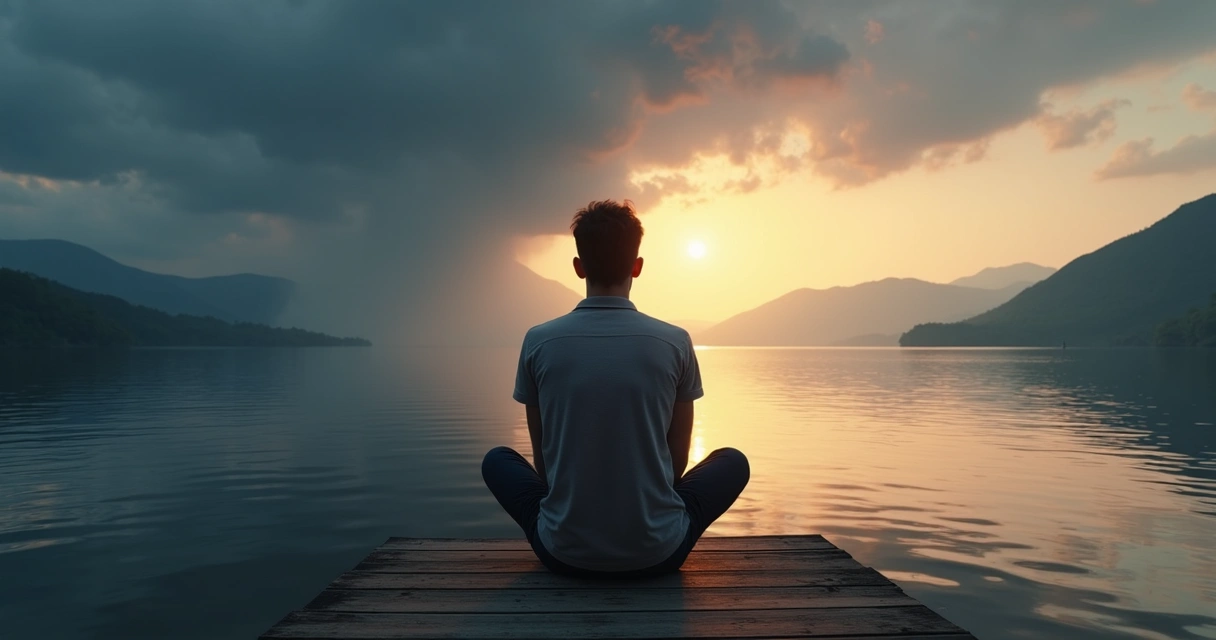 Pessoa sentada em introspecção diante de paisagem dividida entre escuridão e luz 