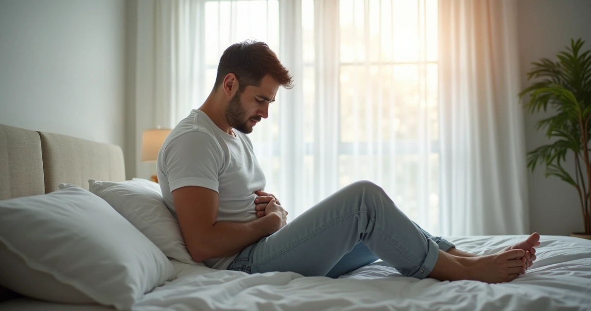 Homem sentado na cama com expressão de desconforto e dor corporal 
