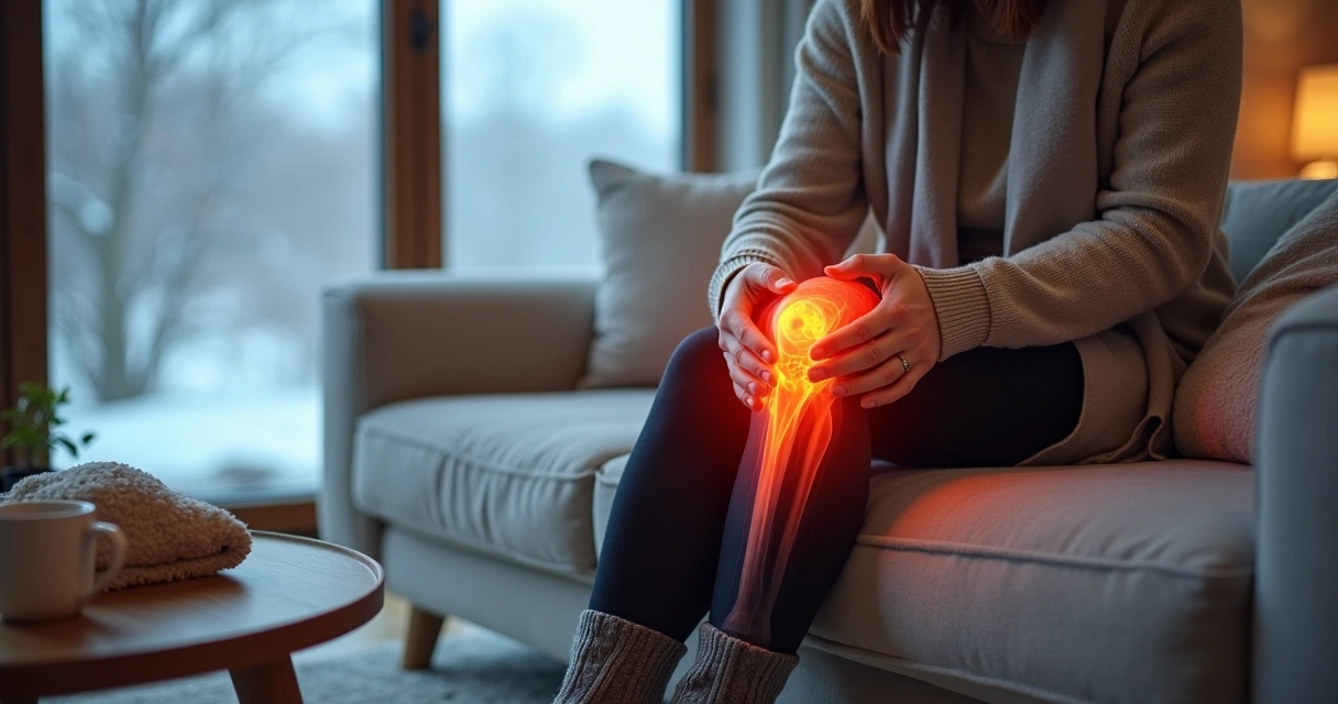Pessoa com dor articular no joelho sentada em sofá em dia frio de inverno 