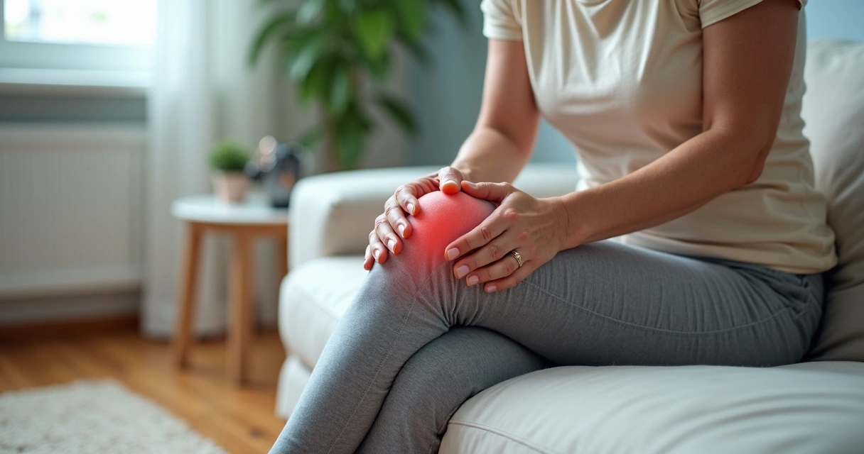 Mulher idosa sentada segurando a parte de trás do joelho com expressão de desconforto 
