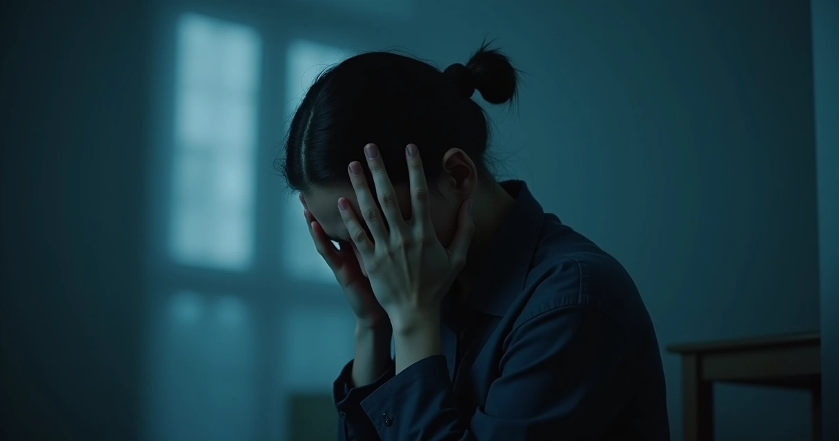 Pessoa com dor de cabeça, olhando para baixo, mãos nas têmporas 