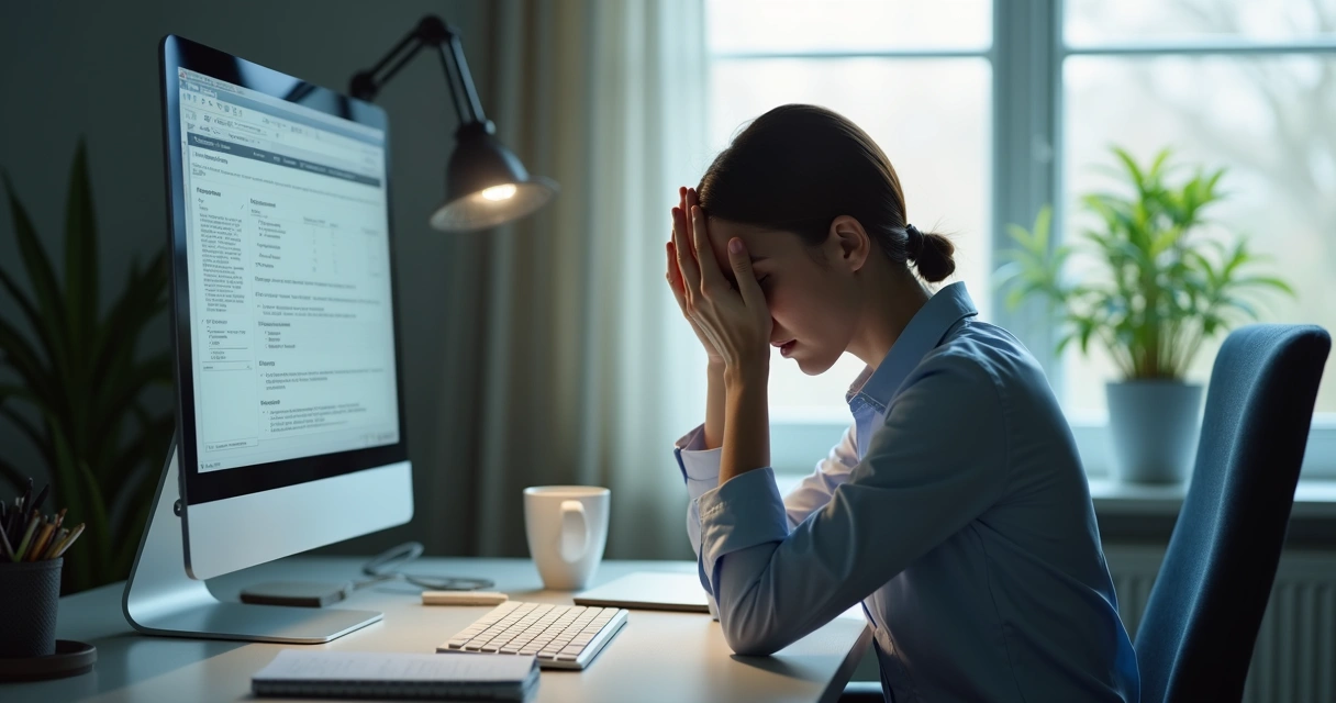 Profissional sentado segurando a cabeça aparentando dor em mesa de trabalho 