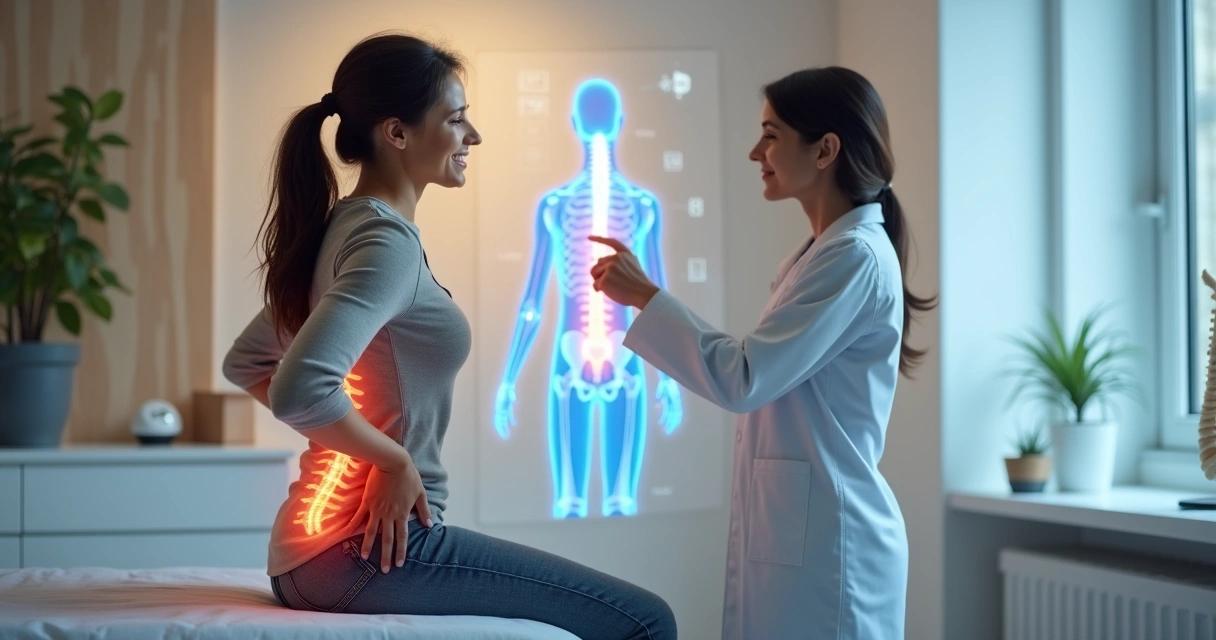 Mulher em clínica apontando para coluna com nervo ciático destacado em painel 3D 