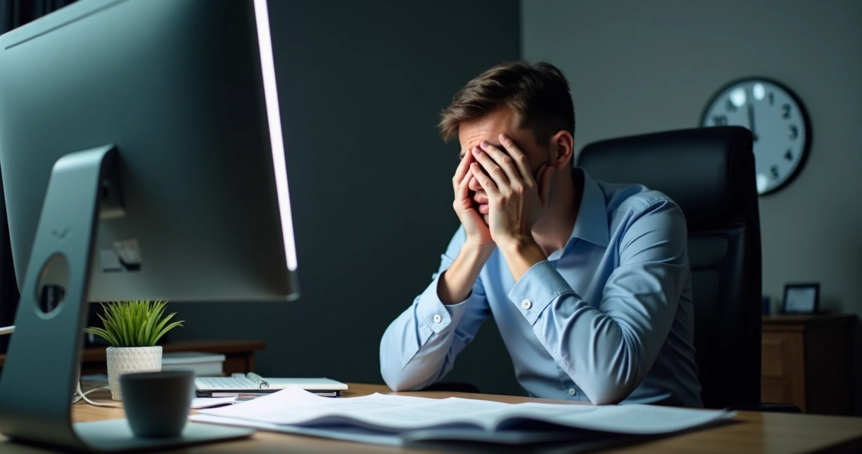 Pessoa sentada à mesa de trabalho olhando para o computador, em ambiente de escritório, com expressão de preocupação e cansaço 
