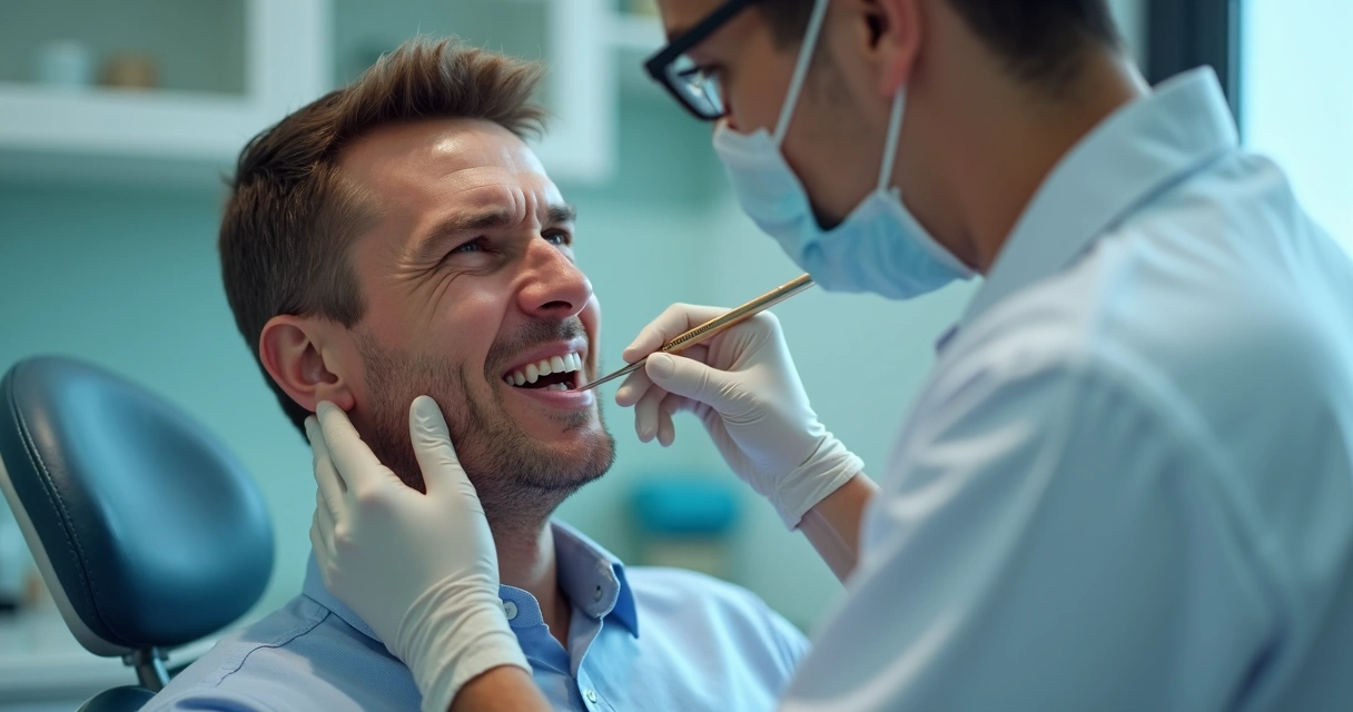 Homem sentado em cadeira de dentista com expressão de dor intensa, mão na bochecha 