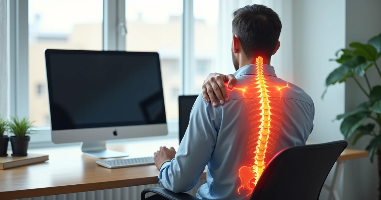 Homem sentado em frente ao computador mostrando dor entre as escápulas nas costas 