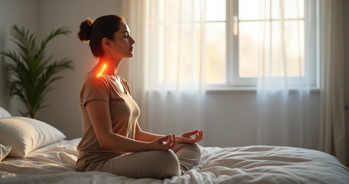 Pessoa sentada em meditação com áreas do corpo em dor destacadas por luz suave 