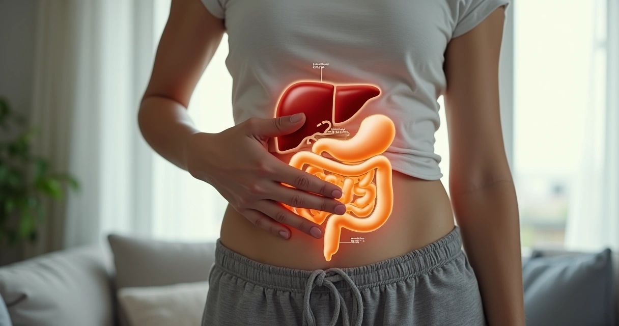 Pessoa apontando para o lado direito da barriga com destaque anatômico interno 