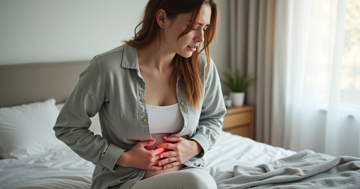 Mulher sentada na cama com expressão de dor segurando o abdome inferior
