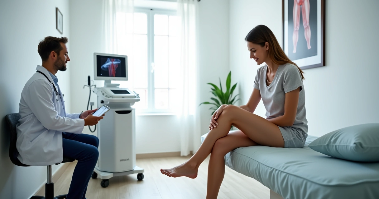 Mulher sentada em consultório médico segurando a perna com expressão de desconforto enquanto conversa com angiologista 